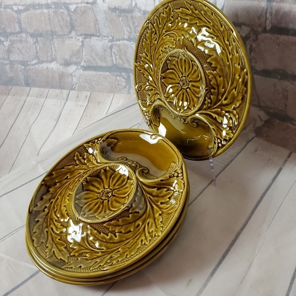 Vintage 1950s Gien France Green Divided Fondue  Plates Set of 4 - Picture 12 of 16